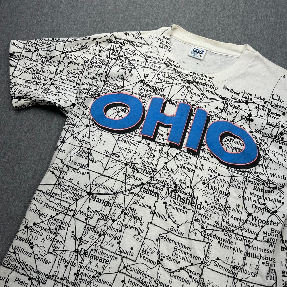 Ohio Map Short Sleeve Tshirt Anvil Unisex Large‎ Black White Single Stitch USA